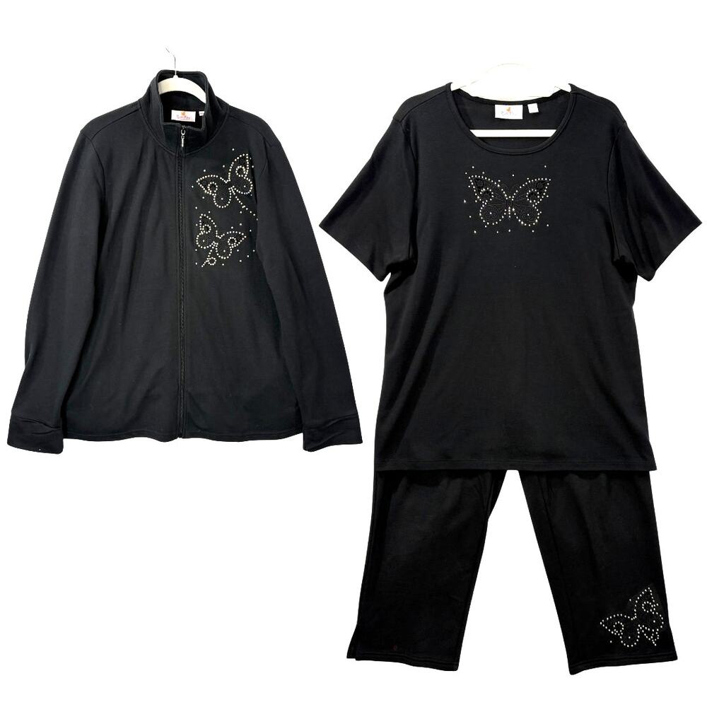 Quacker Factory Size M/L Butterfly 3 Piece Warm Up Jacket Pants Tee Rhinestone